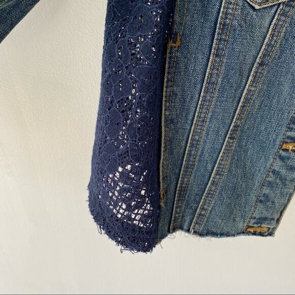 Free People Blue Lace Panel Denim Jean Jacket size small - Picture 3 of 10